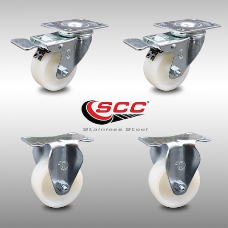 Service Caster 3 Inch SS Nylon Wheel Swivel Top Plate Caster Lock Brake 2 Rigid SCC, 2PK SCC-SSTTL20S314-NYS-2-R-2